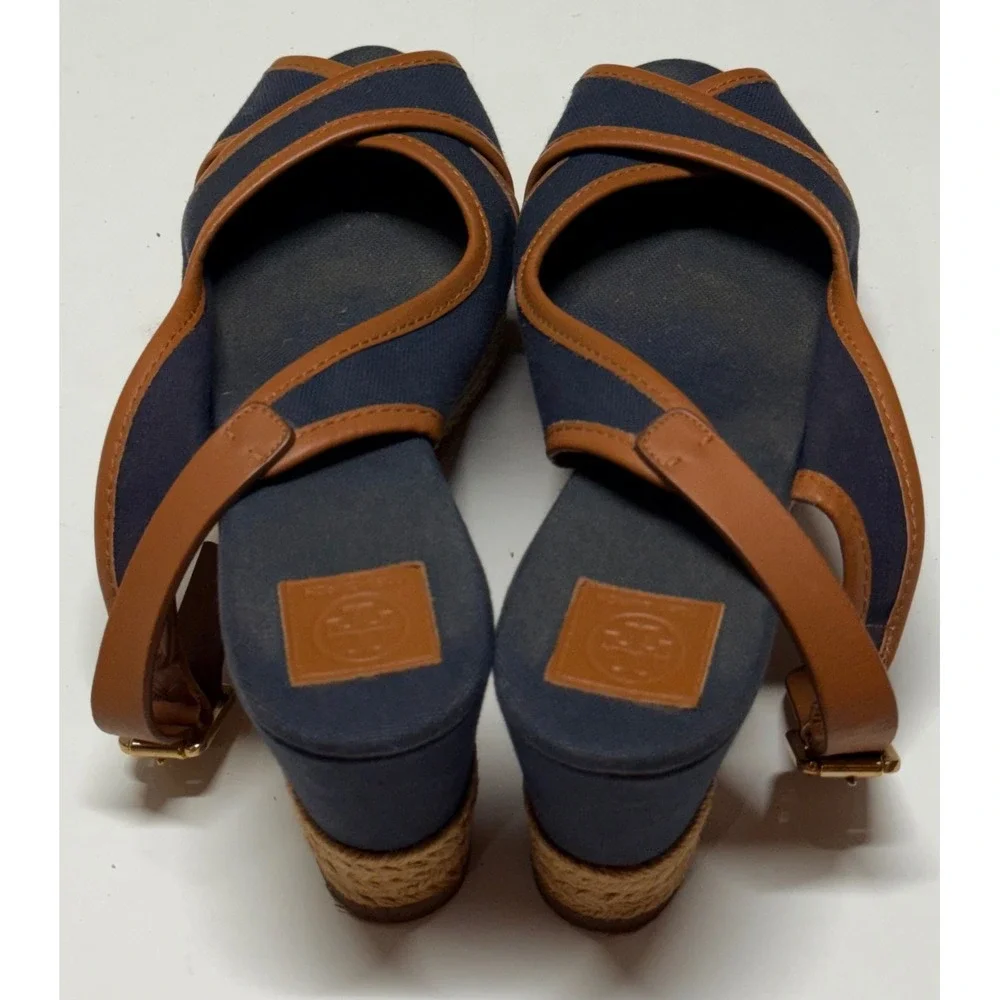 Tory Burch Navy Canvas Tan Leather Espadrille Wedge Sandals Slingback Size 7